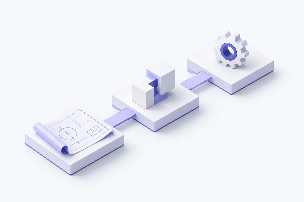 Tiga platform isometrik menggambarkan perencanaan, integrasi, dan dukungan sistem
