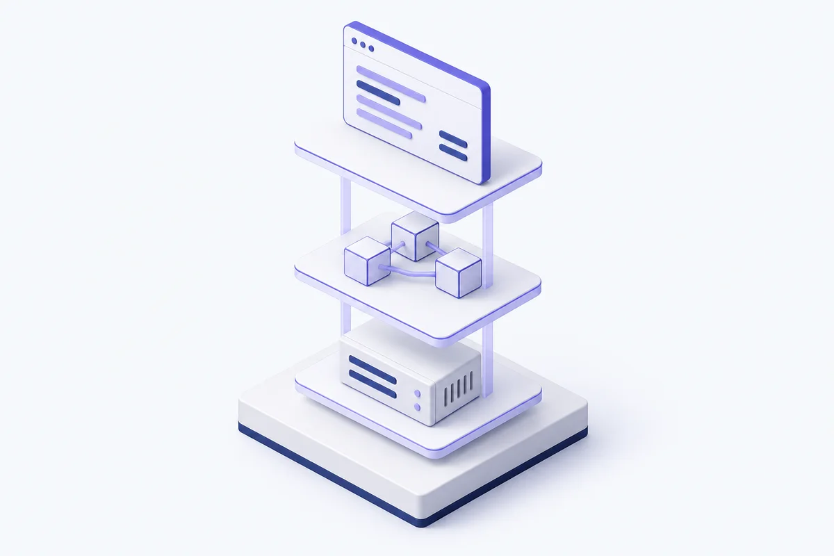Tiga lapisan isometrik software, integrasi sistem, dan server